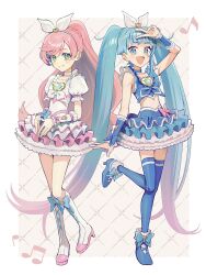 Rule 34 | 2girls, blue eyes, blue hair, blue thighhighs, blue wrist cuffs, boots, bow, brooch, choker, cosplay, cure melody, cure melody (cosplay), cure prism, cure rhythm, cure rhythm (cosplay), cure sky, earrings, frills, full body, green eyes, heart, heart brooch, highres, hirogaru sky! precure, jewelry, long hair, looking at viewer, magical girl, multiple girls, musical note, navel, nijigaoka mashiro, open mouth, pink background, pink choker, pink hair, pink wrist cuffs, ponytail, precure, ribbon, skirt, smile, sora harewataru, suite precure, thighhighs, twintails, v, white background, white bow, white choker, wrist cuffs, yuzu sato