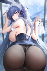 Rule 34 | 1girl, absurdres, ass, ass focus, azur lane, back, backboob, bent over, blue hair, breasts, highres, huge ass, huge breasts, jeze, looking at viewer, looking back, new jersey (azur lane), pantyhose, smile