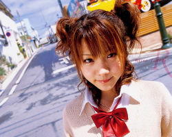 Rule 34 | 1girl, asian, blurry, bow, bowtie, brown eyes, brown hair, city, cloud, day, depth of field, dutch angle, eyelashes, eyeliner, jewelry, lipstick, looking at viewer, makeup, morning musume, necklace, outdoors, parted bangs, photo (medium), power lines, road, school uniform, serafuku, short hair, short twintails, sky, smile, solo, street, sweater, tanaka reina, twintails, upper body, utility pole, wallpaper