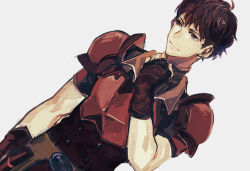 Rule 34 | 1boy, armor, bad id, bad pixiv id, fingerless gloves, fire emblem, fire emblem echoes: shadows of valentia, gloves, grey background, ioko (10k0), lukas (fire emblem), male focus, nintendo, red eyes, red hair, simple background, solo, upper body