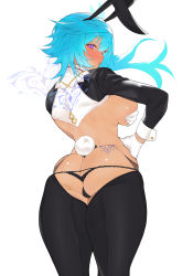 Rule 34 | 1girl, absurdres, animal ears, ass, ass cutout, back, back tattoo, blue hair, blush, brashear lushert, breasts, butt crack, buttoned cuffs, buttons, clothing cutout, covering breasts, covering privates, eula (genshin impact), fake animal ears, from behind, genshin impact, gloves, highres, large breasts, looking back, meme attire, panties, purple eyes, rabbit ears, rabbit tail, revealing clothes, reverse bunnysuit, reverse outfit, shrug (clothing), solo, tail, tattoo, thong, tramp stamp, underwear, wrist cuffs