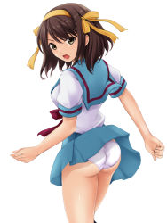 Rule 34 | 1girl, ass, blue sailor collar, blue skirt, blush, bow, breasts, brown eyes, brown hair, clothes lift, commentary request, fingernails, hair between eyes, hair bow, hairband, head tilt, kita high school uniform, looking at viewer, looking back, nonaka ritsu, open mouth, panties, pleated skirt, puffy short sleeves, puffy sleeves, sailor collar, school uniform, serafuku, shirt, short sleeves, skirt, skirt lift, small breasts, solo, standing, suzumiya haruhi, suzumiya haruhi no yuuutsu, underwear, white panties, white shirt, yellow bow, yellow hairband