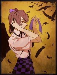 Rule 34 | 1girl, bird, black skirt, brown hair, checkered clothes, checkered skirt, collared shirt, commentary request, cowboy shot, expressionless, feathered wings, feathers, from side, hands up, heshiko disco, highres, himekaidou hatate, holding, holding ribbon, medium hair, purple skirt, ribbon, shirt, shirt tucked in, skirt, solo, touhou, two-tone skirt, white shirt, wings