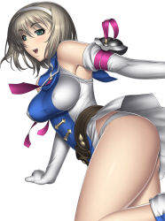 Rule 34 | 1girl, absurdres, aqua eyes, bare shoulders, blonde hair, bob cut, cassandra alexandra, covered erect nipples, elbow gloves, gloves, hairband, highres, jumping, kansuke, open mouth, panties, shoulder pads, simple background, solo, soul calibur, soulcalibur, soulcalibur ii, underwear, white panties