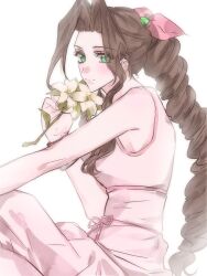 Rule 34 | 1girl, aerith gainsborough, bangle, bare shoulders, bracelet, braid, braided ponytail, breasts, brown hair, dress, final fantasy, final fantasy vii, flower, green eyes, hair bobbles, hair ornament, hair ribbon, highres, holding, holding flower, jewelry, light blush, lily (flower), long dress, long hair, looking at viewer, materia, medium breasts, neveromance, parted bangs, pink dress, pink ribbon, ribbon, sidelocks, single braid, sitting, solo, upper body, white background, yellow flower