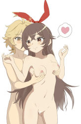 Rule 34 | 1boy, 1girl, aether (genshin impact), amber (genshin impact), blonde hair, grabbing another&#039;s breast, breast massage, breasts, brown hair, censored, completely nude, couple, genshin impact, grabbing, happy, happy sex, nude, red ribbon, ribbon