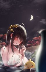 Rule 34 | 1girl, absurdres, ahoge, amamami prime, azur lane, bathing, black hair, blurry, blurry foreground, blush, breasts, cleavage, collarbone, cup, hair between eyes, hair ornament, highres, holding, holding cup, holding towel, long hair, looking at viewer, manjuu (azur lane), night, night sky, one side up, onsen, open mouth, outdoors, partially submerged, red eyes, saliva, saliva trail, sitting, sky, steam, taihou (azur lane), taihou (forbidden feast) (azur lane), tongue, tongue out, towel, wet