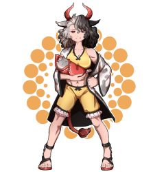 Rule 34 | 1girl, abs, animal ears, animal print, bare shoulders, black hair, breasts, cow ears, cow horns, cow print, cow tail, haori, highres, horns, japanese clothes, large breasts, looking at viewer, mefomefo, midriff, multicolored hair, navel, red eyes, red fur, simple background, smile, solo, split-color hair, tail, toned, touhou, two-tone hair, ushizaki urumi