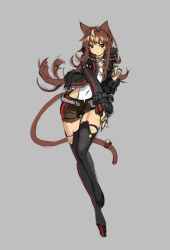 Rule 34 | 1girl, [saw], animal ears, bell, black thighhighs, boots, brown eyes, brown hair, cat ears, cat tail, collar, covered navel, full body, highres, jacket, leg up, light smile, long hair, original, ribbon, short shorts, shorts, simple background, sketch, sleeves past wrists, solo, tail, tail bell, tail ornament, tail ribbon, thigh boots, thighhighs, very long hair, white background