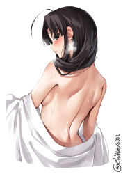 Rule 34 | 1girl, ahoge, back, back focus, bare back, bare shoulders, black hair, blush, breasts, brown eyes, ebifurya, from behind, highres, japanese clothes, kantai collection, kimono, long hair, looking at viewer, looking back, medium breasts, one-hour drawing challenge, parted lips, shouhou (kancolle), sideboob, simple background, small breasts, solo, steaming body, sweat, twitter username, undressing, upper body, white background