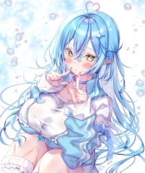 Rule 34 | 1girl, ahoge, air bubble, blue choker, blue hair, blue jacket, blush, breasts, bubble, choker, colored tips, commentary request, crescent, crescent hair ornament, crossed bangs, daifuku (yukihana lamy), double-parted bangs, eyelashes, fingers to cheeks, frilled socks, frills, hair between eyes, hair ornament, hairclip, heart, heart-shaped lock, heart ahoge, heart choker, highres, hololive, index fingers raised, jacket, kamiya maneki, knees up, large breasts, long hair, long sleeves, looking at viewer, multicolored hair, partially unzipped, pendant choker, pointing, pointing at self, pointy ears, see-through, see-through shirt, shirt, socks, solo, streaked hair, taut clothes, taut shirt, very long hair, virtual youtuber, water drop, white shirt, yellow eyes, yukihana lamy