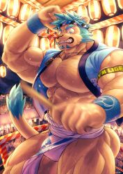 Rule 34 | 1boy, absurdres, animal ears, armband, bara, bicep strap, clenched teeth, commentary request, fangs, fundoshi, furry, furry male, hachimaki, happi, headband, highres, indie virtual youtuber, japanese clothes, jewelry, lantern, lion boy, lion ears, lion mane, lion tail, looking at viewer, male focus, necklace, nejiri hachimaki, paper lantern, saro (rotsw 00022), summer festival, taiko sticks, tail, teeth, tohdoh raigo