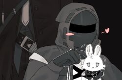 Rule 34 | 1boy, 1other, ambiguous gender, animalization, arknights, choshanland plushy (arknights), coat, commentary request, doctor (arknights), gloves, heart, hood, hood up, hooded coat, korean commentary, mamara tang, mask, mlynar (arknights), out of frame, poking