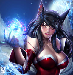 Rule 34 | 1girl, ahri (league of legends), animal ears, black hair, blue triangular, blush, breasts, brown eyes, cleavage, collarbone, eyebrows, facial mark, fox ears, large breasts, league of legends, long hair, looking at viewer, parted lips, patreon username, smile, solo, watermark, web address, whisker markings