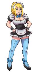 Rule 34 | 1girl, akairiot, alternate costume, ankle ribbon, apron, blonde hair, blue thighhighs, bow, bowtie, breasts, cleavage, enmaided, frills, full body, green eyes, hands on own hips, high ponytail, highres, lace, large breasts, leg ribbon, long hair, looking at viewer, maid, maid apron, maid headdress, metroid, miniskirt, mole, mole on breast, mole under mouth, nintendo, petticoat, pleated skirt, ponytail, ribbon, samus aran, serious, shoes, short sleeves, sidelocks, sketch, skirt, solo, standing, super smash bros., swept bangs, thighhighs, transparent background, waist apron, wrist cuffs, zettai ryouiki
