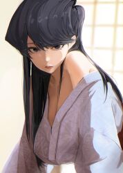 1girl absurdres black_eyes black_hair breasts cleavage higemu highres japanese_clothes kimono komi-san_wa_komyushou_desu komi_shouko large_breasts long_hair looking_at_viewer solo upper_body