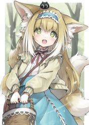Rule 34 | 1girl, absurdres, alternate costume, alternate hairstyle, animal, animal ear fluff, animal ears, animal on head, arknights, basket, black cat, blonde hair, blue hairband, blue skirt, blush, border, cardigan, cat, cowboy shot, fox ears, fox girl, fox tail, frilled hairband, frills, green eyes, hair down, hairband, highres, holding, holding basket, kitsune, long hair, long sleeves, looking at viewer, luo xiaohei zhanji, multicolored hair, multiple tails, neck ribbon, on head, open cardigan, open clothes, open mouth, outside border, red ribbon, ribbon, semi colon, shirt, skirt, solo, streaked hair, suzuran (arknights), suzuran (spring praise) (arknights), tail, teeth, tree, upper teeth only, white border, white hair, white shirt, yellow cardigan