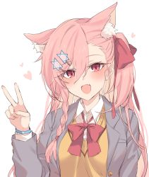 Rule 34 | 1girl, :d, animal ear fluff, animal ears, beige vest, blush, bow, bowtie, braid, breasts, cat ears, collared shirt, fang, girls&#039; frontline, grey jacket, hair between eyes, hair bow, hair ornament, hair ribbon, hairclip, heart, hexagram, highres, jacket, jingo, long hair, looking at viewer, negev (girls&#039; frontline), one side up, open clothes, open jacket, open mouth, pink hair, red bow, red bowtie, red eyes, ribbon, school uniform, shirt, smile, solo, star of david, upper body, v, watch, white shirt, wristwatch