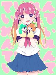 Rule 34 | 1girl, animal hair ornament, bad id, bad pixiv id, black eyes, blonde hair, blue skirt, blush, brown hair, cyclops, gradient hair, green hair, hand puppet, highres, looking at viewer, multicolored hair, necktie, one-eyed, open mouth, original, own hands together, pink hair, plant on head, pleated skirt, puppet, reaching, ri3939p, school uniform, serafuku, short sleeves, simple background, sketch, skirt, smile, solid eyes, solo, twintails, two-tone hair