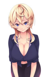 Rule 34 | 1girl, alternate costume, black skirt, blonde hair, blue eyes, blue shirt, breasts, cleavage, cowboy shot, highres, kantai collection, large breasts, leaning forward, looking at viewer, medium hair, neko no hige, shirt, simple background, skirt, smile, solo, tuscaloosa (kancolle), white background