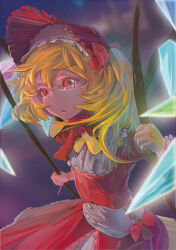 Rule 34 | 1girl, adapted costume, alternate headwear, blonde hair, blurry, blurry background, bonnet, cowboy shot, crystal, eluber, flandre scarlet, glowing, glowing wings, hair between eyes, highres, holding, medium hair, multicolored wings, one side up, open mouth, outdoors, red eyes, red headwear, red ribbon, red skirt, red vest, ribbon, ribbon-trimmed headwear, ribbon trim, shirt, skirt, solo, teeth, touhou, upper teeth only, vest, white shirt, wings