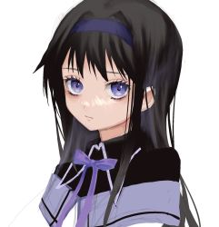 Rule 34 | 1girl, akemi homura, black hair, black shirt, capelet, collared shirt, comet543, dress shirt, expressionless, hair between eyes, hair ornament, hairband, highres, long hair, looking up, magical girl, mahou shoujo madoka magica, mahou shoujo madoka magica (anime), neck ribbon, purple capelet, purple eyes, purple hairband, purple ribbon, ribbon, shirt, sidelocks, simple background, solo, tareme, upper body, very long hair, white background