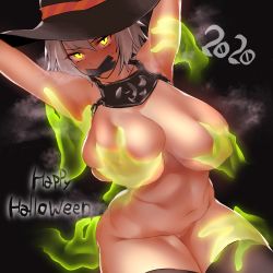 Rule 34 | 1girl, 2020, absurdres, armpits, arms up, blush, grabbing another&#039;s breast, breasts, brown thighhighs, collar, curvy, deep skin, facing viewer, fate/grand order, fate (series), gag, ghost hands, glowing, glowing eyes, grabbing, halloween, happy halloween, hat, highres, improvised gag, jeanne d&#039;arc (fate), jeanne d&#039;arc alter (avenger) (fate), jeanne d&#039;arc alter (fate), large breasts, legs together, looking at viewer, metal collar, nude, poriuretan, short hair, silver hair, slit pupils, solo, tape, tape gag, thick thighs, thighhighs, thighs, witch hat, yellow eyes