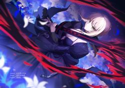 Rule 34 | 1girl, artoria pendragon (all), artoria pendragon (fate), black dress, black ribbon, blonde hair, breasts, closed mouth, dress, excalibur morgan (fate), fate/grand order, fate (series), flower, gogatsu fukuin, hair ribbon, holding, holding sword, holding weapon, long dress, long sleeves, red eyes, ribbon, saber alter, simple background, small breasts, sword, weapon, white flower