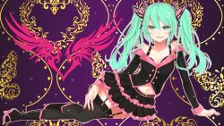 Rule 34 | 1girl, arm support, bad id, bad pixiv id, boots, bra, garter straps, green eyes, green hair, hatsune miku, high heels, highres, honey whip (module), long hair, mairo, matching hair/eyes, nail polish, navel, project diva (series), project diva f, skirt, solo, sweet devil (vocaloid), thighhighs, twintails, underwear, vocaloid