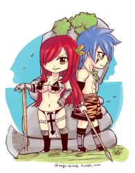 Rule 34 | 1boy, 1girl, blue hair, breasts, chibi, erza scarlet, fairy tail, hair over one eye, jellal fernandes, nature, outdoors, plant, red hair, sky, tattoo, weapon