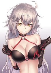 Rule 34 | 1girl, ahoge, bad id, bad pixiv id, bare shoulders, bikini, black bikini, black gloves, black jacket, breasts, choker, cleavage, commentary request, cropped jacket, fate (series), gloves, gradient background, hair between eyes, jacket, jeanne d&#039;arc alter (swimsuit berserker) (fate), jeanne d&#039;arc (fate), jeanne d&#039;arc alter (fate), jeanne d&#039;arc alter (swimsuit berserker) (fate), large breasts, long hair, looking at viewer, o-ring, open clothes, open jacket, parted lips, ryuinu, sleeves rolled up, solo, swimsuit, upper body, yellow eyes