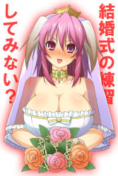 Rule 34 | 10s, 1girl, bad id, bad pixiv id, bare shoulders, blush, bouquet, breasts, bridal veil, bride, brown hair, character request, choker, cleavage, collarbone, dress, flower, huge breasts, jewelry, long hair, open mouth, pink eyes, pink hair, rose, shirayuki usami, simple background, smile, solo, stea, tiara, translation request, trickster (ntreev soft), twintails, veil, vinosh, vinosh (trickster), wedding dress