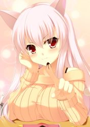 Rule 34 | 1girl, animal ears, blush, bowl, bra strap, breast rest, breasts, cat ears, head rest, chocolate, collarbone, koneko (nonnkimono), large breasts, long hair, original, pink hair, red eyes, ribbed sweater, solo, spatula, sweater, valentine