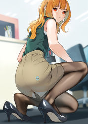 Rule 34 | 1girl, ass, bare arms, bare shoulders, black footwear, blouse, blurry, brown pantyhose, brown skirt, closed mouth, depth of field, doushimasho, fine fabric emphasis, green shirt, high heels, highres, id card, looking at viewer, looking back, office lady, on one knee, orange hair, original, pantyhose, pantylines, pencil skirt, pumps, red eyes, shirt, shirt tucked in, skirt, sleeveless, sleeveless shirt, solo, stamp