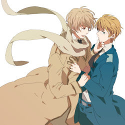 Rule 34 | 2boys, aqua eyes, axis powers hetalia, bad id, bad pixiv id, blonde hair, camelot, coat, estonia (hetalia), glasses, hand on another&#039;s chin, holding another&#039;s wrist, male focus, military, military uniform, multiple boys, necktie, open mouth, purple eyes, russia (hetalia), scarf, simple background, smile, uniform, white background