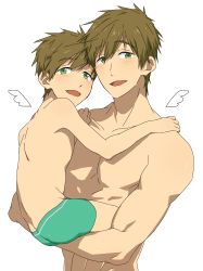 Rule 34 | 10s, 2boys, age difference, aged down, aged up, angel wings, blush, brown hair, free!, green eyes, green jammers, green male swimwear, height difference, high speed!, highres, jammers, ku (pixiv 19193156), looking at viewer, male focus, male swimwear, multiple boys, muscular, open mouth, simple background, smile, swimsuit, tachibana makoto, time paradox, topless male, white background, wings