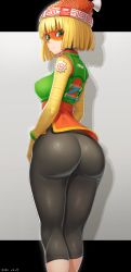 Rule 34 | 1girl, :s, absurdres, arms (game), ass, bandaged arm, bandages, beanie, blonde hair, blunt bangs, bob cut, bracelet, breasts, closed mouth, clothes writing, crop top, dated, feet out of frame, from behind, green eyes, grey background, hat, highres, huge ass, jewelry, leggings, looking at viewer, looking back, medium breasts, min min (arms), mogtate, red hat, short hair, sleeveless, solo, standing, thick thighs, thighs
