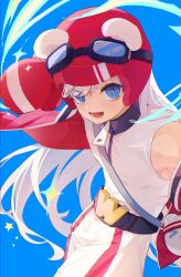 Rule 34 | 1girl, blue background, blue eyes, boxing gloves, boxing headgear, championship belt, cjsdh1000, goggles, goggles on headwear, highres, jacket, long hair, looking at viewer, muse dash, ola (muse dash), open clothes, open jacket, open mouth, red headwear, simple background, sleeveless, solo, sparkle, very long hair, white hair, zipper pull tab