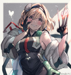 Rule 34 | 1girl, bad id, bad pixiv id, bare shoulders, black gloves, blonde hair, blush, brown eyes, commentary request, djeeta (granblue fantasy), doctor (granblue fantasy), gloves, granblue fantasy, grin, hair intakes, hairband, hand on own cheek, hand on own face, heart, highres, lab coat, looking at viewer, milli little, scalpel, shaded face, sketch, smile, solo, stethoscope, syringe, yandere