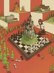 Rule 34 | 1girl, barefoot, black sailor collar, board game, brown hair, building, castle, chess, chess piece, chessboard, kneeling, neckerchief, original, oversized object, red neckerchief, sailor collar, shirt, short sleeves, solo, taro.y, trail, tree, white shirt