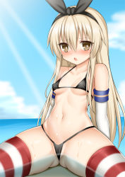 Rule 34 | 1girl, bikini, black hairband, blonde hair, blue sky, breasts, brown eyes, cleft of venus, cloud, collarbone, day, hair between eyes, hairband, kantai collection, light rays, long hair, looking at viewer, micro bikini, navel, ocean, open mouth, outdoors, shimakaze (kancolle), sitting, sky, small breasts, solo, striped clothes, striped thighhighs, sunbeam, sunlight, swimsuit, thighhighs, toshishikisai, wet