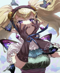Rule 34 | agitha, blonde hair, bug, butterfly, earrings, elbow gloves, frilled shirt, frills, gloves, happy, highres, insect, jewelry, looking at viewer, nintendo, pointy ears, pra 11, purple eyes, shirt, short sleeves, the legend of zelda, the legend of zelda: twilight princess, twintails