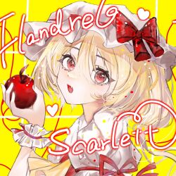 1girl apple ascot blonde_hair character_name chinese_commentary commentary_request fang flandre_scarlet food fruit hat hat_ribbon holding holding_food holding_fruit medium_hair mob_cap open_mouth portrait puffy_short_sleeves puffy_sleeves red_eyes red_ribbon red_vest ribbon shirt short_sleeves skin_fang solo touhou vest white_hat white_shirt wrist_cuffs xrisetopilla yellow_ascot yellow_background