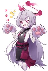 Rule 34 | 1girl, animal hands, bandaged arm, bandages, bell, blue archive, blush, cat paws, cropped legs, feet out of frame, flat chest, gauze, gauze on cheek, gloves, grey hair, halo, highres, japanese clothes, jingle bell, kirigakure (iroiro tsukauyo), long hair, obi, open mouth, paw gloves, red eyes, red halo, sash, shuro (blue archive), simple background, smile, solo, white background, white gloves