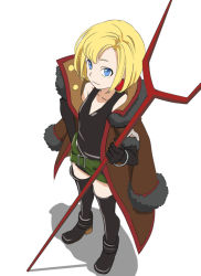Rule 34 | 1girl, bare shoulders, bident, black footwear, black shirt, black thighhighs, blonde hair, blue eyes, boots, from above, full body, holding, holding staff, jacket, jacket on shoulders, junketsu no maria, long sleeves, maria (junketsu no maria), polearm, shadow, shirt, short hair, simple background, sleeveless, sleeveless shirt, smile, solo, staff, standing, thighhighs, wasabi60, white background, witch