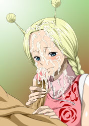 Rule 34 | 1boy, 1girl, antenna hair, blonde hair, blue eyes, blush, braid, censored, clothed female nude male, conis (one piece), cum, cum on clothes, cum on hair, ejaculation, erection, facial, hetero, highres, nel-zel formula, nude, one piece, penis, penis grab, saliva, twin braids