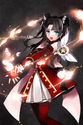 Rule 34 | 1girl, absurdres, animal ears, black hair, blue eyes, cat ears, cat tail, elbow gloves, fate/stay night, fate (series), fire, gloves, highres, kaleido ruby, kaleidostick, long hair, magical girl, mioky, solo, tail, thighhighs, tohsaka rin, two side up