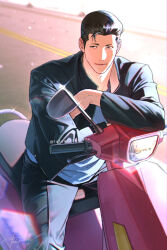 Rule 34 | 1boy, black eyes, black hair, black jacket, black pants, day, fatcat, feet out of frame, jacket, looking to the side, male focus, mito youhei, on motorcycle, open clothes, open jacket, outdoors, pants, pompadour, road, short hair, sitting, slam dunk (series), smile, solo, sparkle, sun glare