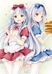 Rule 34 | 10s, 2girls, :d, airi (alice or alice), alice or alice, apron, artist name, blue bow, blue neckwear, blue shirt, blue skirt, blush, bow, bowtie, cowboy shot, food, frilled skirt, frills, green eyes, hair bow, heart, highres, long hair, looking at viewer, miniskirt, multiple girls, natsume eri, open mouth, pancake, parted lips, pink bow, pink eyes, pink neckwear, red bow, red shirt, red skirt, rise (alice or alice), shirt, short sleeves, siblings, silver hair, sisters, skirt, smile, standing, thighhighs, twins, very long hair, white apron, white legwear, zettai ryouiki