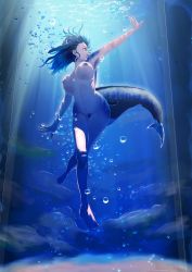 Rule 34 | 1girl, absurdres, aburaeoyaji, air bubble, backlighting, blowhole, blue eyes, blue hair, blue theme, blue whale (kemono friends), breasts, bubble, cetacean tail, completely nude, contrapposto, dorsal fin, female pubic hair, fins, fish tail, highres, kemono friends, large breasts, navel, nipples, nude, seafloor, pubic hair, pussy, shark, solo, stomach, submerged, swimming, tail, uncensored, underwater, water, whale girl